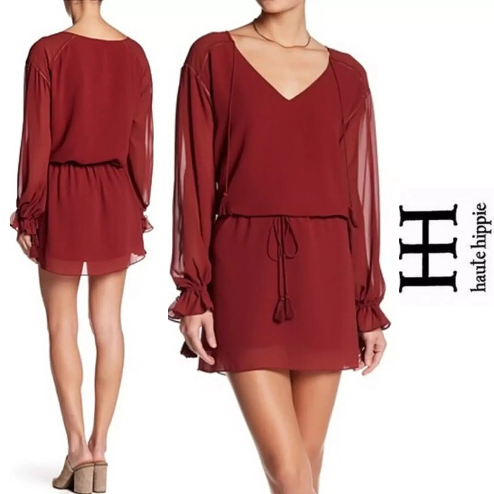 Haute Hippie Mini Dress Womens XS Burgundy Y2K 90s Tassel V-Neck Long Sleeve